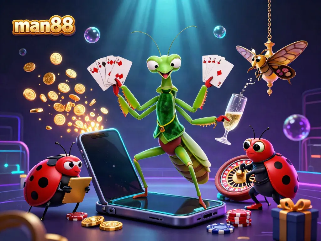 Experience vibrant winning moments at man88 with a dynamic casino scene featuring a giant praying mantis dealer and engaging slot elements.