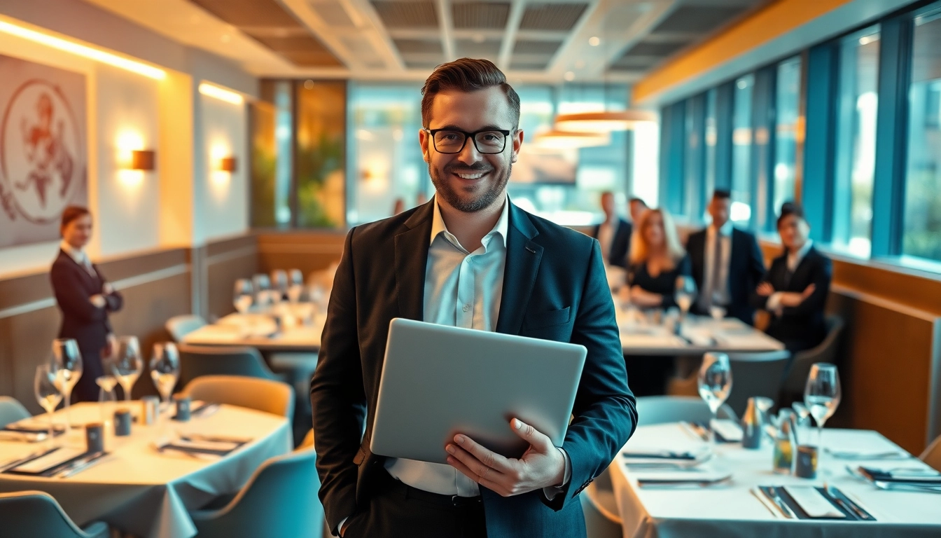 Headhunter Gastronomie berät mit professionellem Auftreten in einem stilvollen Restaurant.