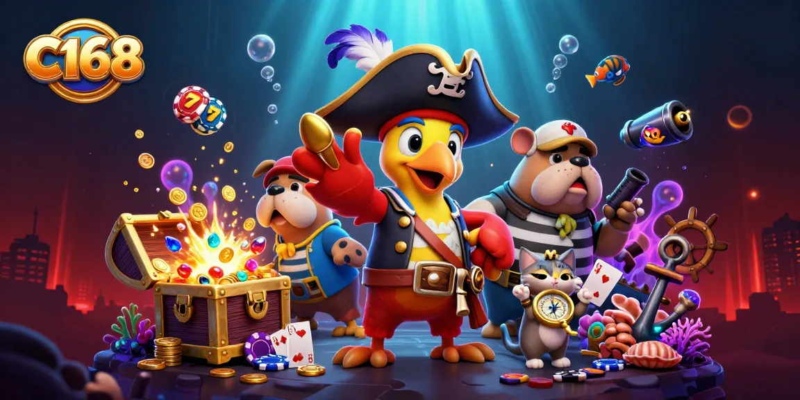 C168 brings thrilling excitement to the casino scene with a pirate, bulldog, and cat surrounded by slot reels and treasures.