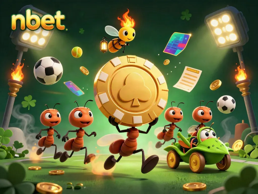 Experience the exhilarating adventure of nbet as cartoon ants heist a golden poker chip, surrounded by vibrant sports elements.