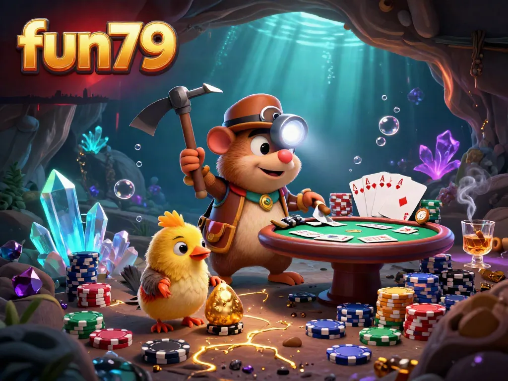 Experience fun79's thrilling casino adventure with a treasure hunter mole amidst a vibrant poker scene.