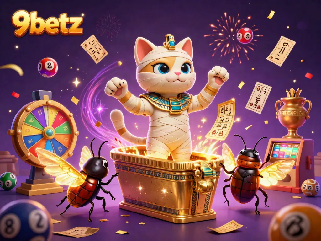 Engage with the thrilling 9betz casino experience featuring a cartoon Egyptian mummy cat, colorful lottery elements, and festive confetti.