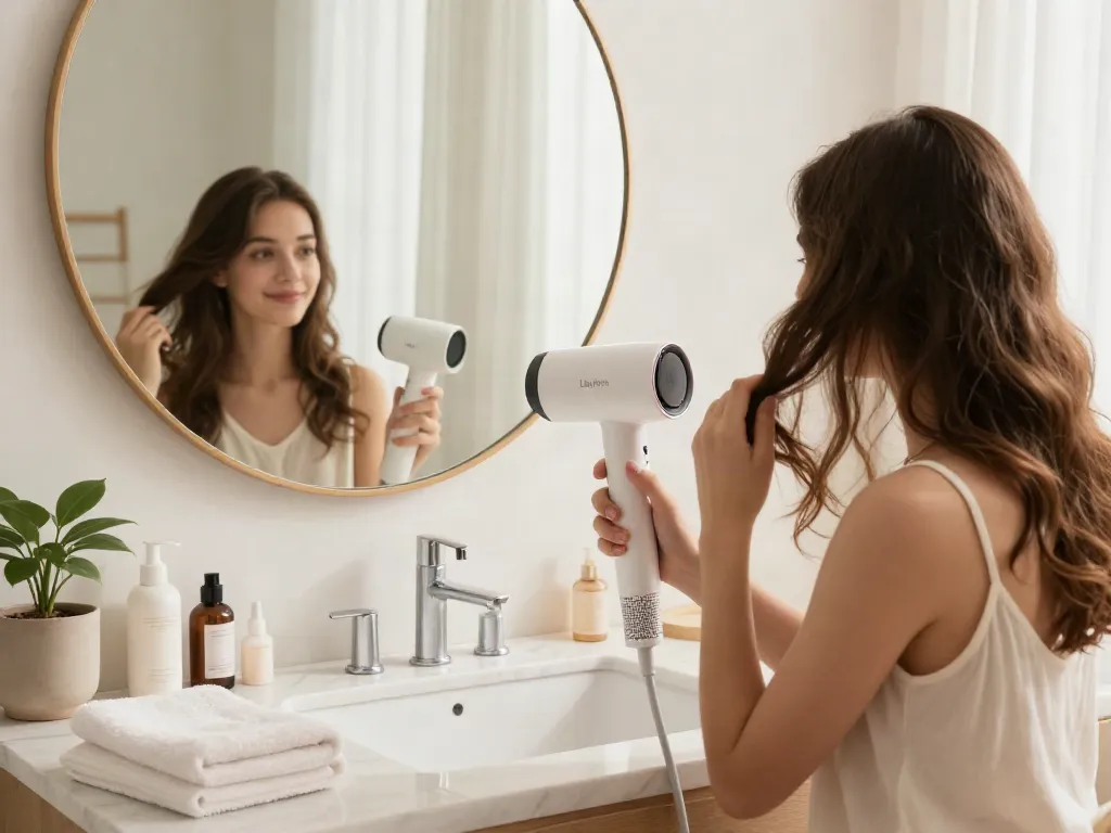 Young woman using Laifen haartrockner in a stylish bathroom setting, showcasing beauty and self-care.