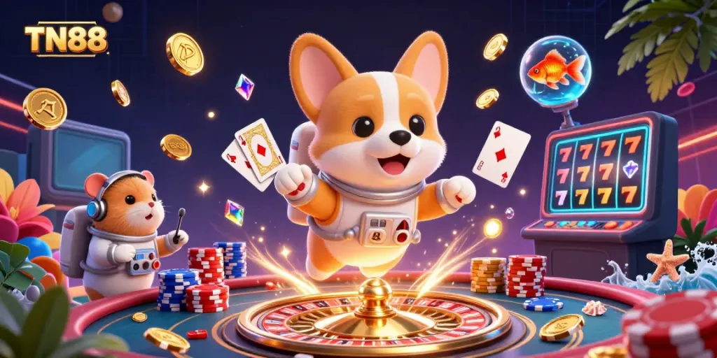 Engage with the vibrant casino scene at TN88 featuring an astronaut corgi, drifting coins, and exciting game elements.