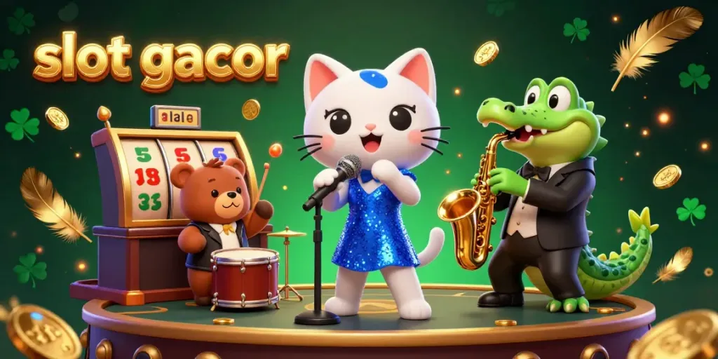 Experience the thrill of slot gacor with a vibrant 3D scene featuring lively casino characters and dynamic game elements.