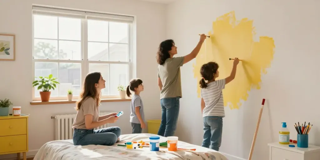 Auf https://www.eigenheim-blog.com/ findet eine Familie Freude beim Renovieren eines Zimmers, mit Farben und kreativen Elementen.