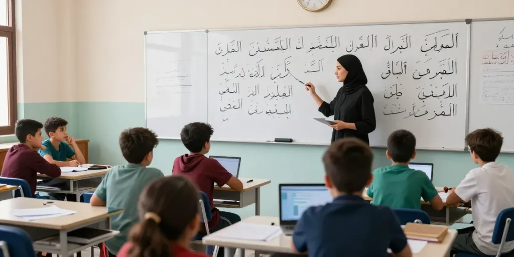 Arabisch lernen in Marokko – Schüler im Unterricht, interaktive digitale Tools und einladende Lernumgebung.