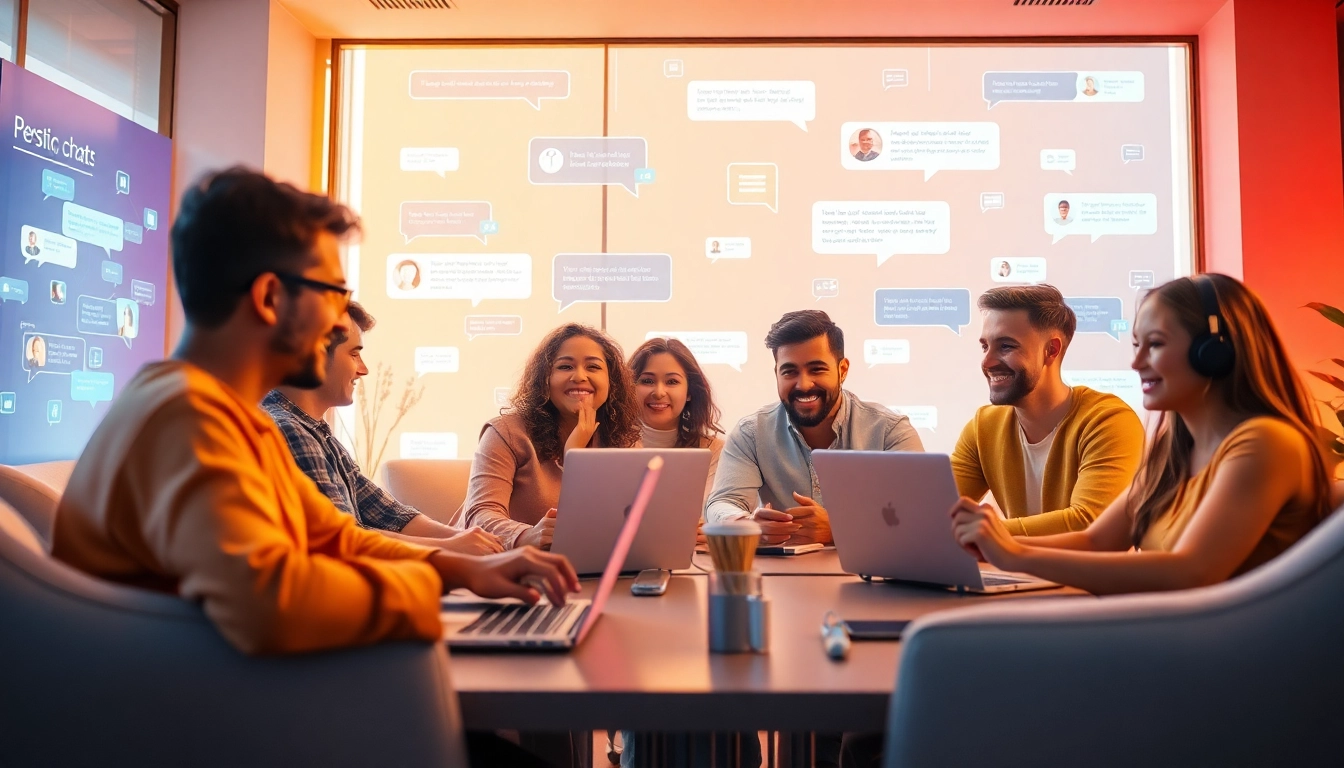 Engaging sex chat scene in a vibrant virtual chat room, showcasing diverse individuals connecting online.