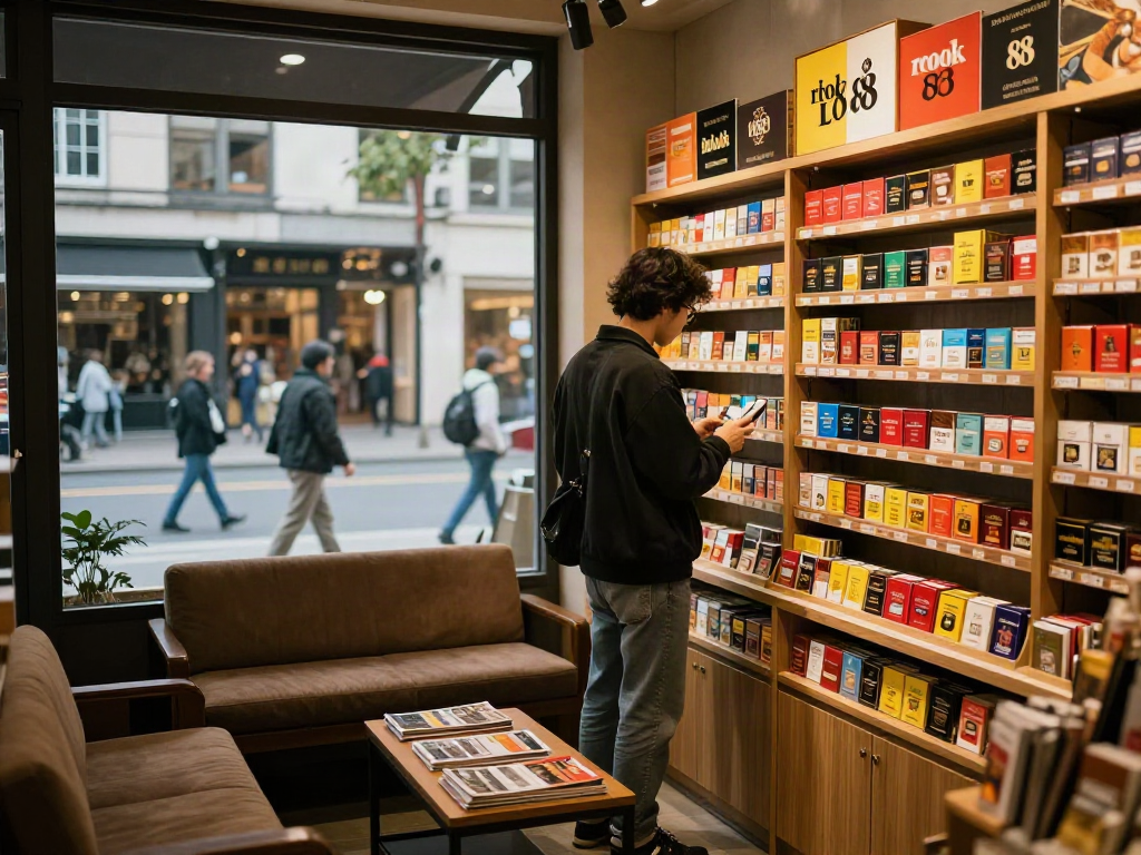 Customer exploring rokok 88 in an urban tobacco shop filled with colorful cigarette packs.
