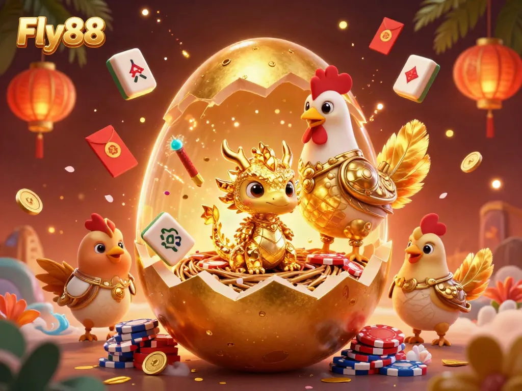 Experience the thrill of Fly88 with a golden dragon amidst a rich casino scene filled with festive graphics.