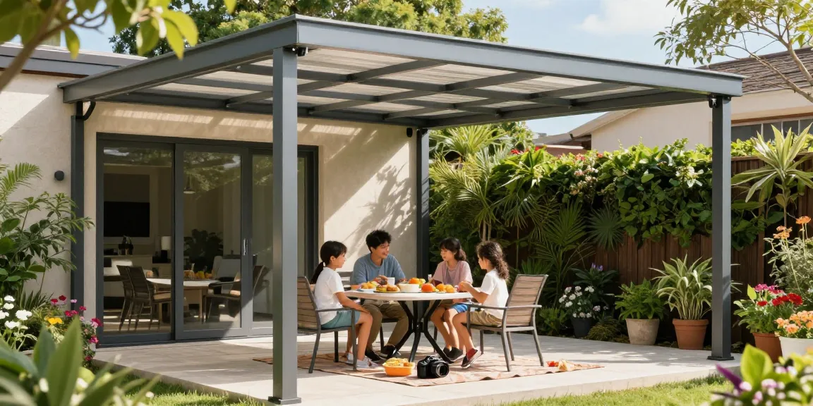Moderne Terrassenüberdachung mit Familie beim Picknick unter dem Schutzdach.