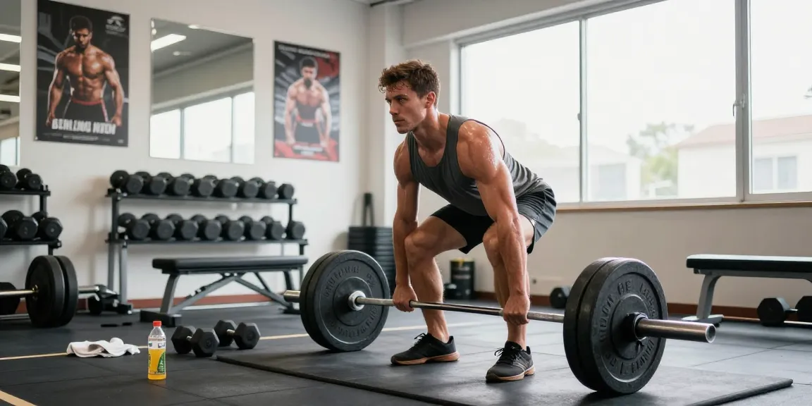 Anabolika Shop: Bodybuilder beim Training im Fitnessstudio für Muskelaufbau