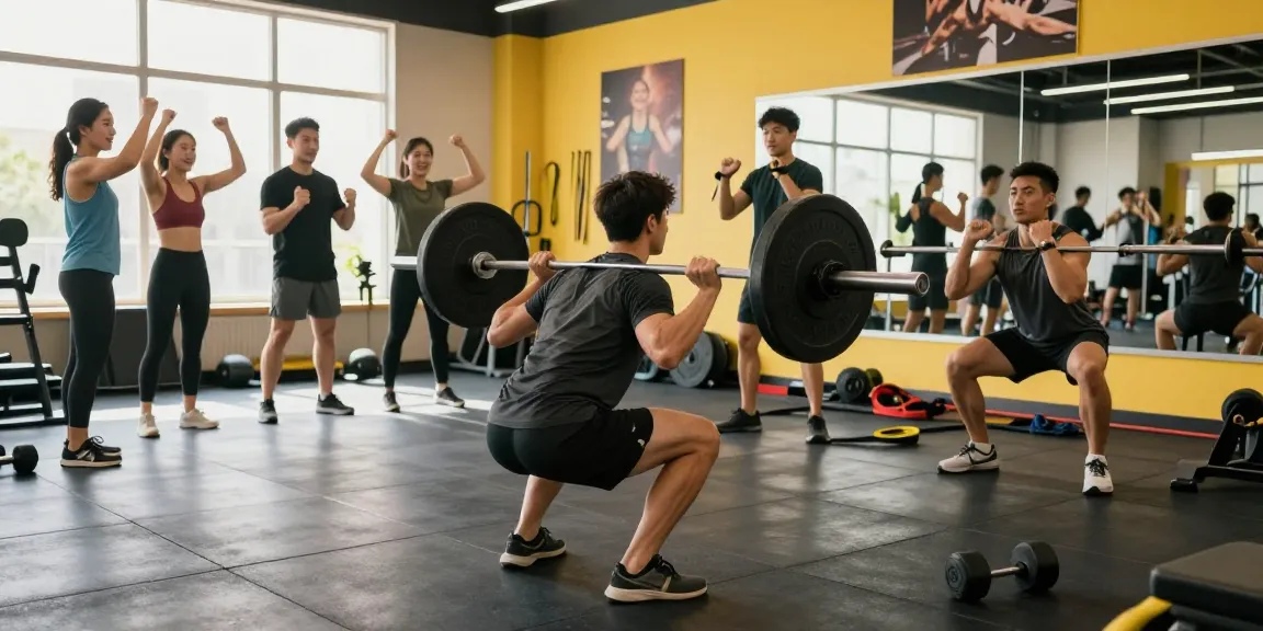 Intensive Fitness-Training-Szene im Steroidshop, die Entschlossenheit und Teamarbeit während der Kniebeugen mit der Langhantel zeigt.