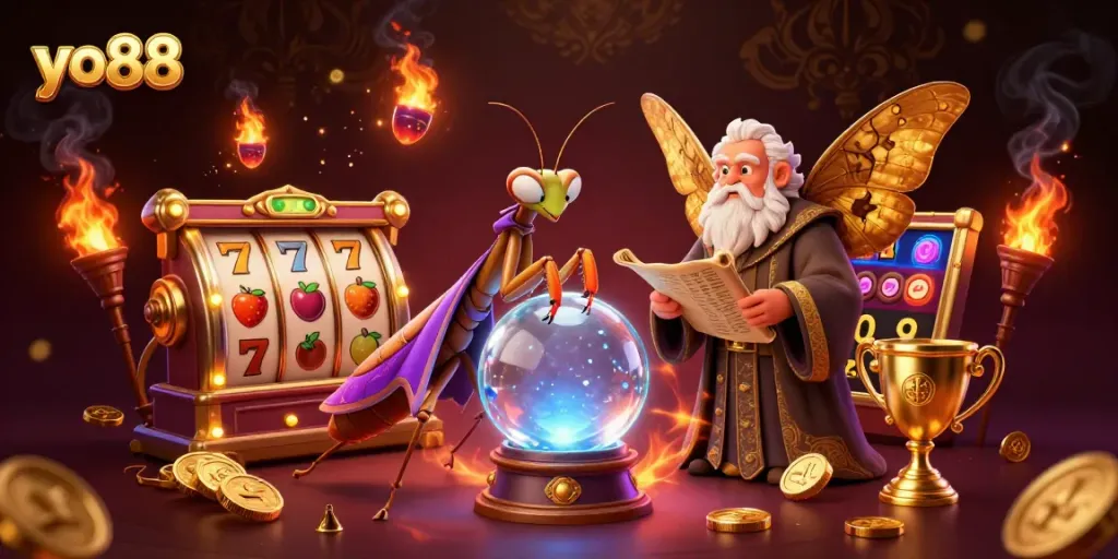 Engaging yo88 casino scene with vibrant illustrations of slot elements and fortune teller characters.
