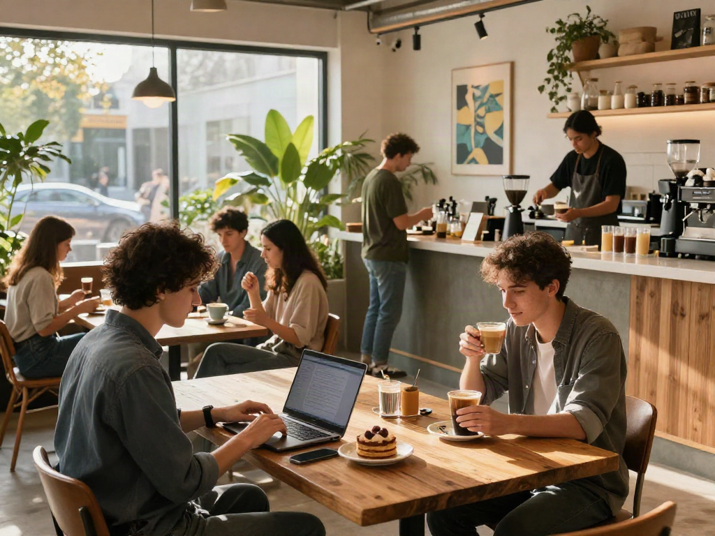 ROKOK88 café scene showcasing patrons enjoying coffee and pastries in a vibrant atmosphere.