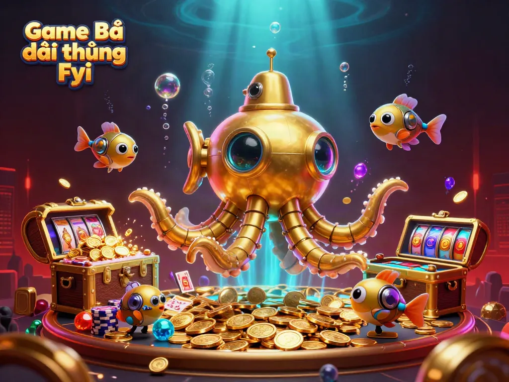 Experience the thrill with Game Bài Đổi Thưởng Fyi in a dynamic underwater scene filled with gaming elements.