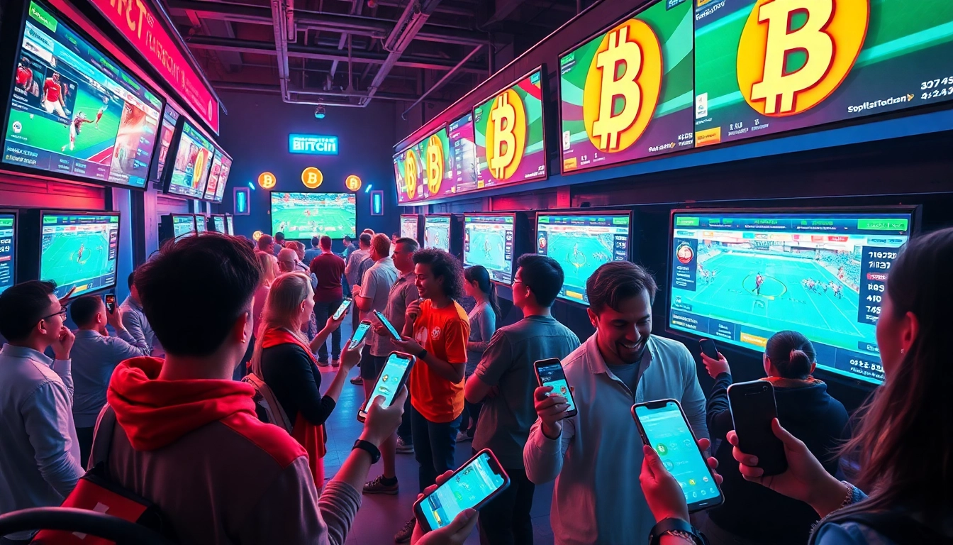 Explore innovative betting sites that accept bitcoin, featuring users engaged in cryptocurrency betting in a vibrant setting.