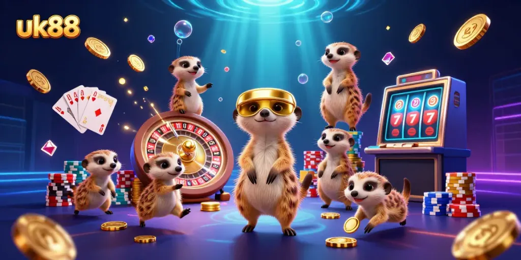 Experience excitement at uk88 with meerkats running a vibrant casino full of colorful chips and golden coins.