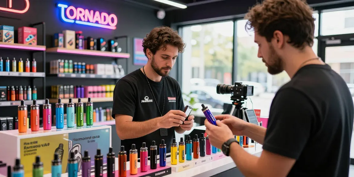 Aufregende Auswahl an Tornado Vape Modellen in einem modernen Vape-Shop mit freundlichem Personal.