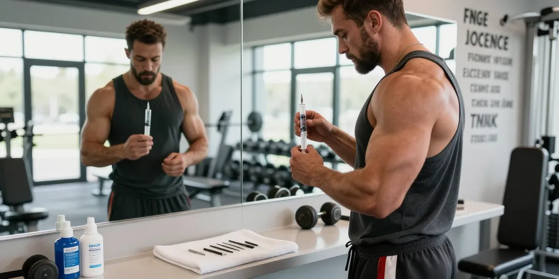 Anabolika Shop scene showcasing a bodybuilder preparing for a steroid injection in a bright gym, emphasizing fitness and safety.