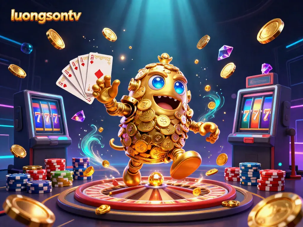 Experience the thrilling world of gambling with luongsontv featuring a golden golem amidst dazzling casino elements.