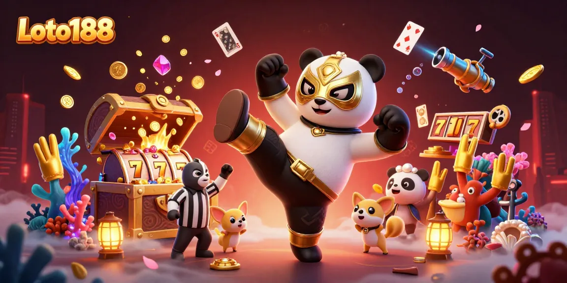 Loto188 brings thrilling moments with a panda wrestler and chihuahua referee in a lively casino scene.