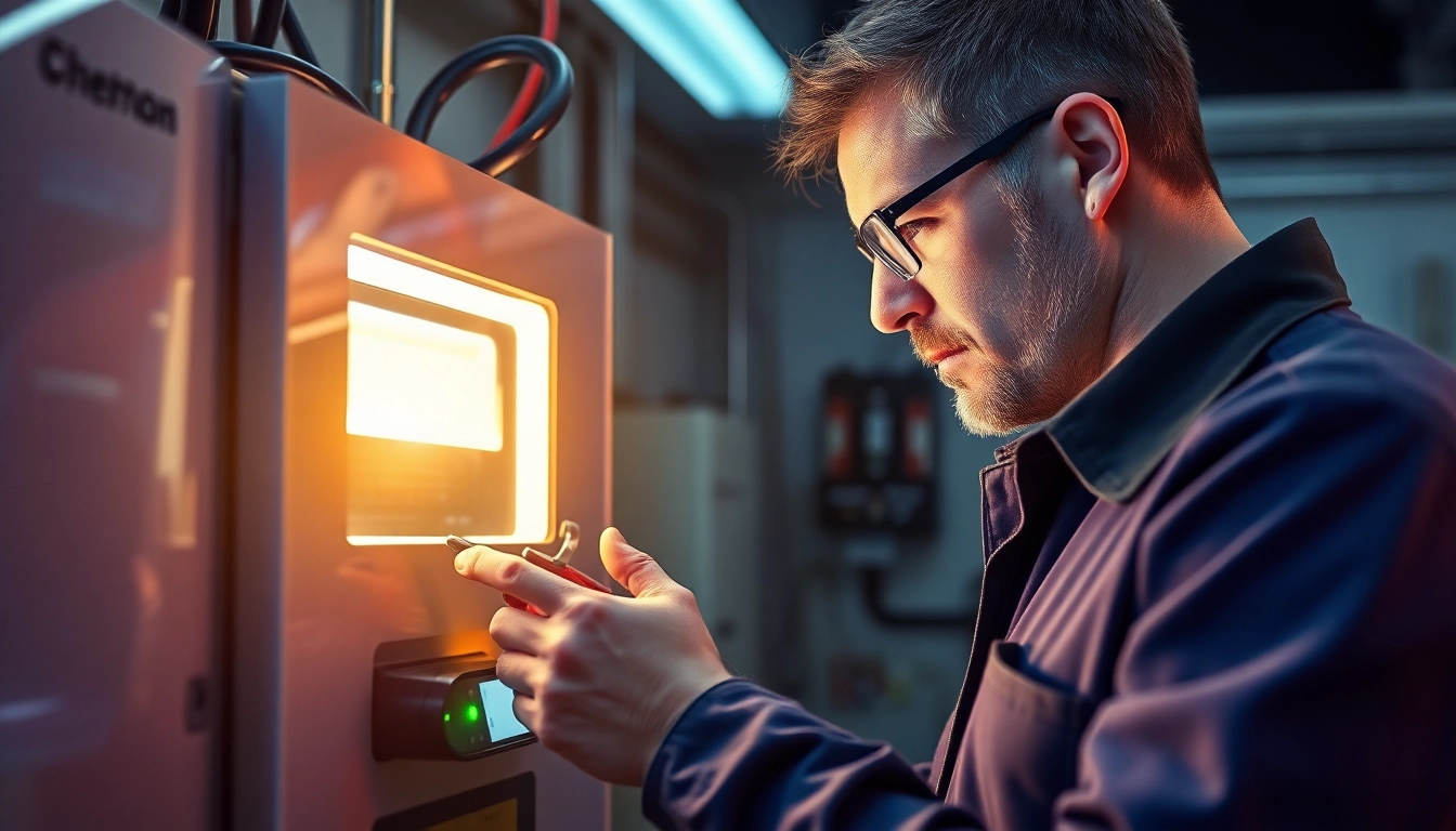 Techniker führt eine DGUV V3 Prüfung an elektrischen Geräten durch, um die Sicherheit am Arbeitsplatz zu gewährleisten.