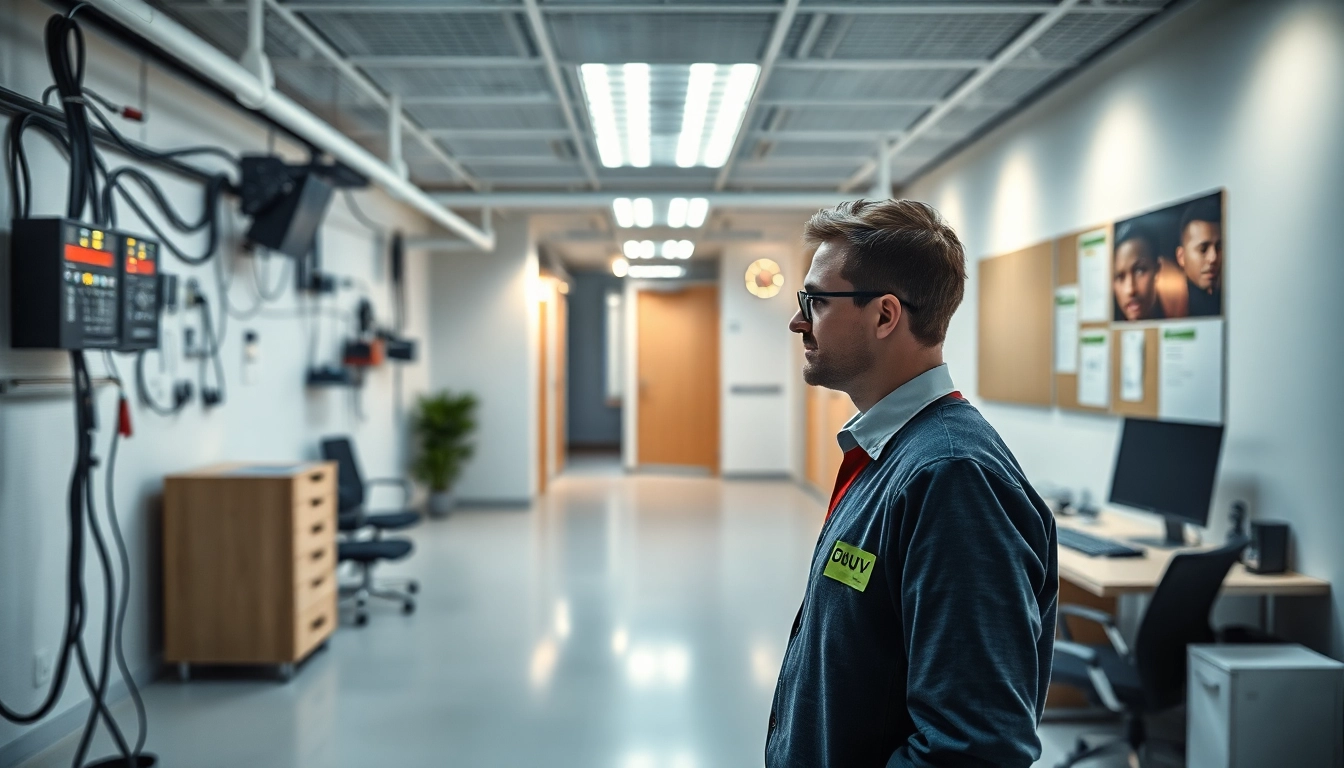 Überprüfung elektrischer Betriebsmittel während der DGUV V3 Prüfung in einem modernen Büroumfeld.