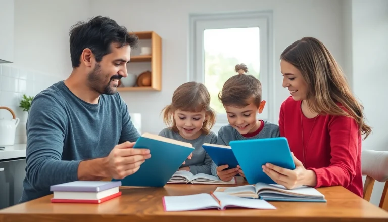 Familie, die kreative Lernaktivitäten im Heimunterricht durchführt und sich gegenseitig unterstützt.