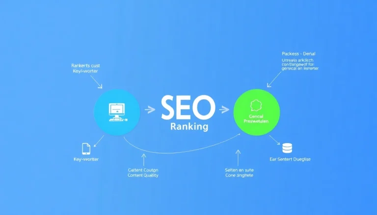 Veranschaulichen Sie das SEO-Ranking mit einem Diagramm zu Schlüsselwörtern, Backlinks und Content-Qualität.