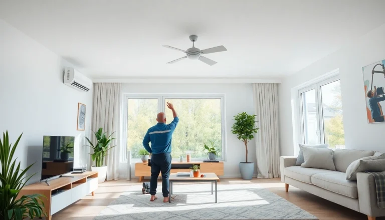Klimaanlage installation in a modern living room, showcasing a technician working efficiently.