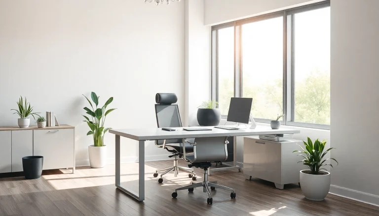 Modernes Büromöbel-Setup mit ergonomischem Schreibtisch und stilvollem Stuhl für eine produktive Arbeitsumgebung.