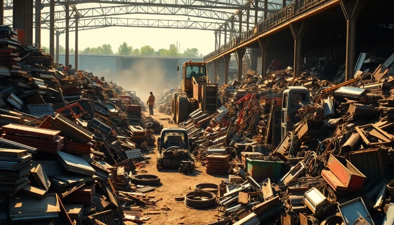 Showcasing Schrotthandel Remscheid's bustling scrapyard filled with vibrant metal scraps and workers.