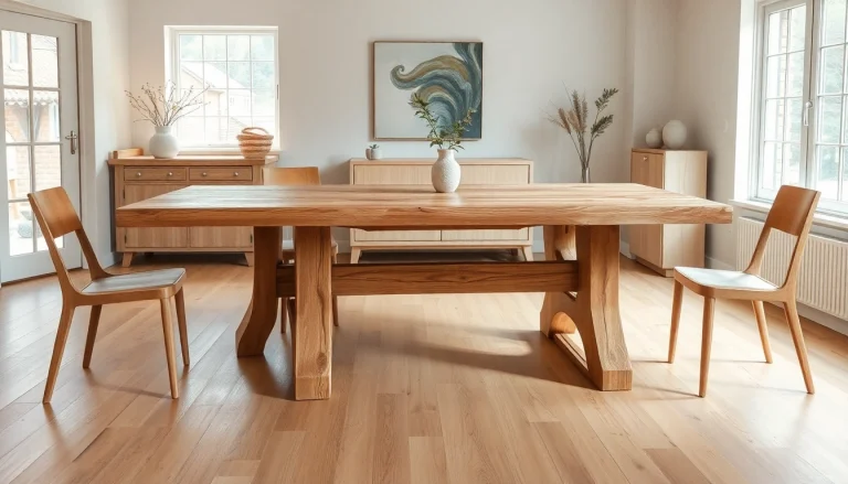 Entdecken Sie einen massiven Eiche Esstisch mit Baumkante in einem modernen Esszimmer.