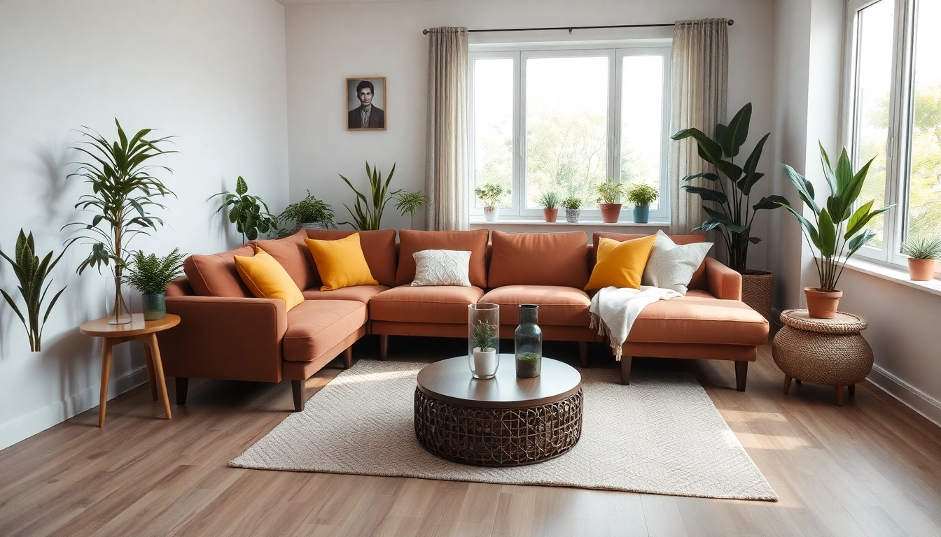 Erlebe eine harmonische Raumgestaltung mit einem modernen und einladenden Wohnzimmer, das sanfte Erdtöne und lebendige Pflanzen kombiniert.
