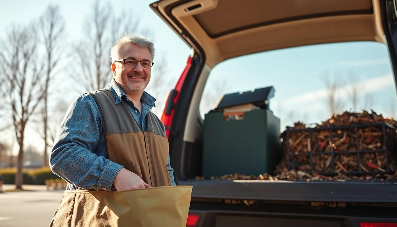 Schrottabholung durch freundlichen mobilen Schrotthändler in NRW mit rostrotem Transporter.