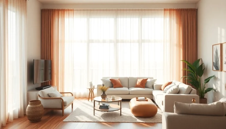 Plissee konfigurieren: Designer-Raum mit maßgefertigten Plissees in hellen Erdtönen und sanften Pastellfarben unter natürlichem Licht.