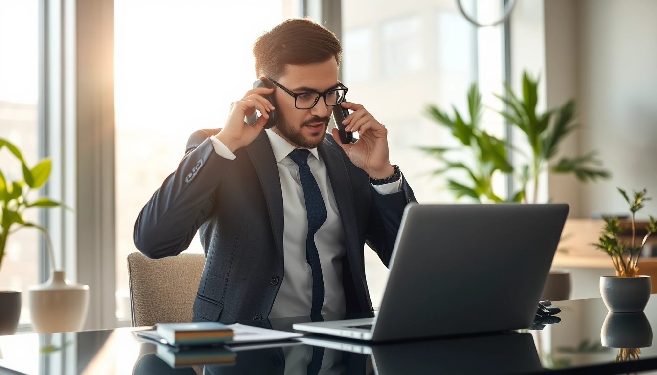 Headhunter im Büro beim Telefonieren, professionell gekleidet und konzentriert.