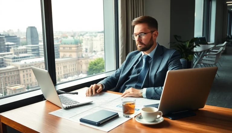 Headhunter Berlin in einem modernen Büro, der an einem Laptop arbeitet.