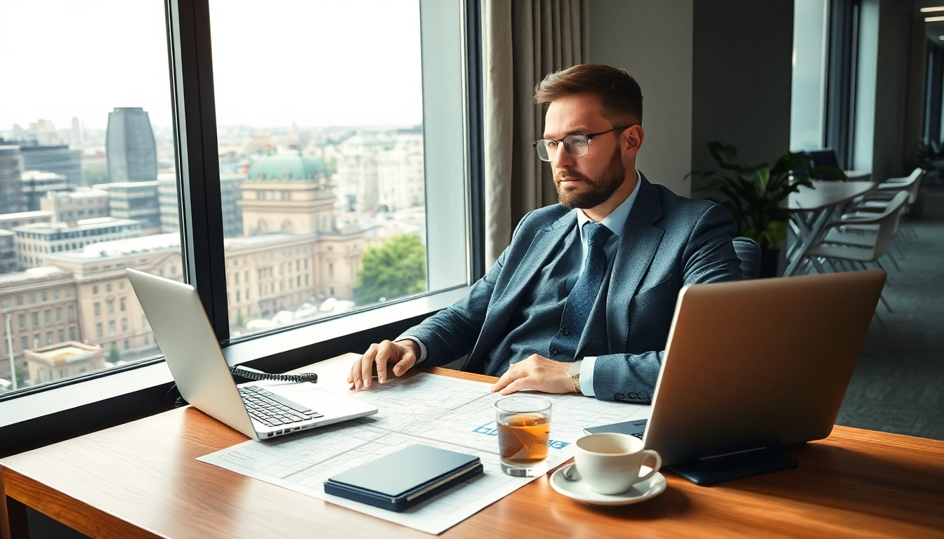 Headhunter Berlin in einem modernen Büro, der an einem Laptop arbeitet.