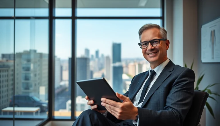 Professioneller Headhunter Gesundheitswesen, der Kandidaten zu einem Tablet berät, mit modernen Büroelementen im Hintergrund.