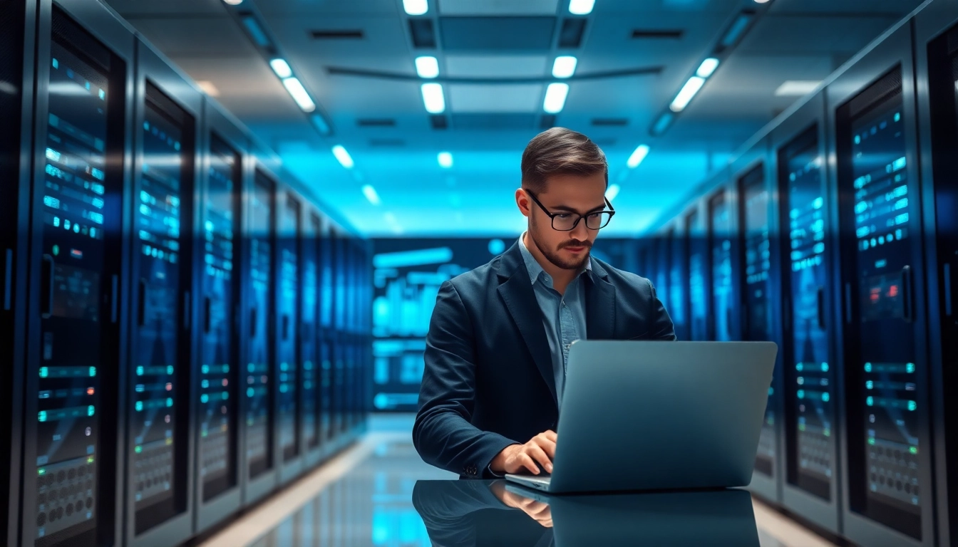 Techniker arbeitet an der Microsoft Server 2022 Standard Core-Lizenz im modernen Serverraum
