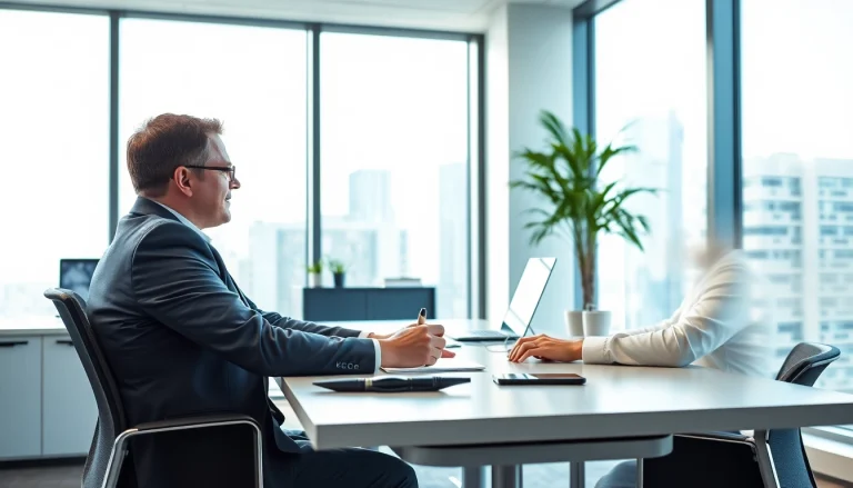 Interaktion zwischen einem Headhunter IT und einem Kandidaten in einem modernen Büro.