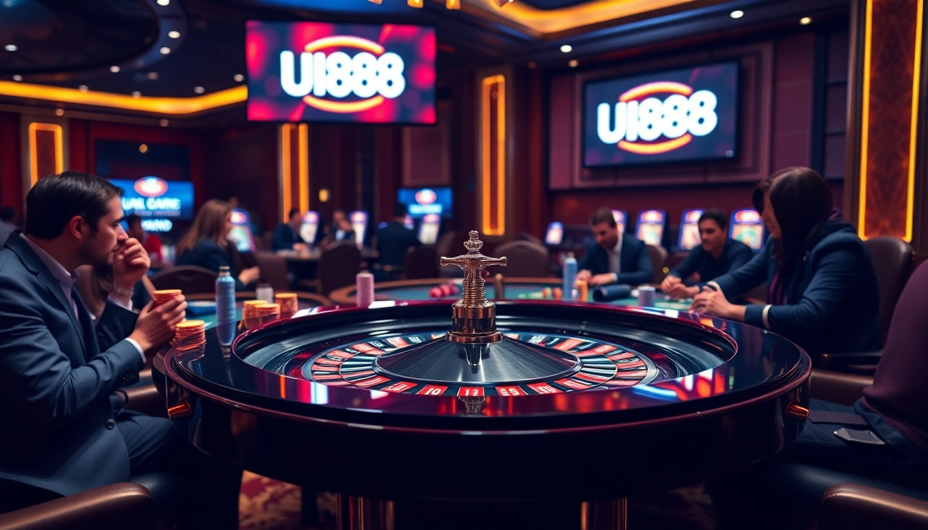 Experience thrilling games at UU88's luxurious casino, featuring vibrant poker chips and roulette tables.