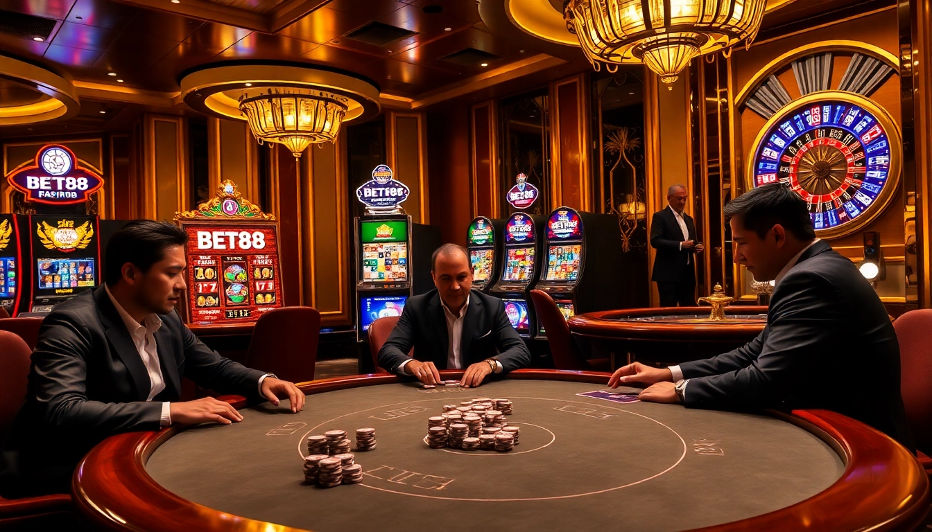 Players enjoy a thrilling BET88 poker game at an elegant casino table.