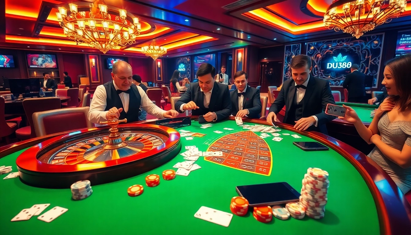 Excited players engage in high-stakes gambling at DU388 with colorful chips and cards.