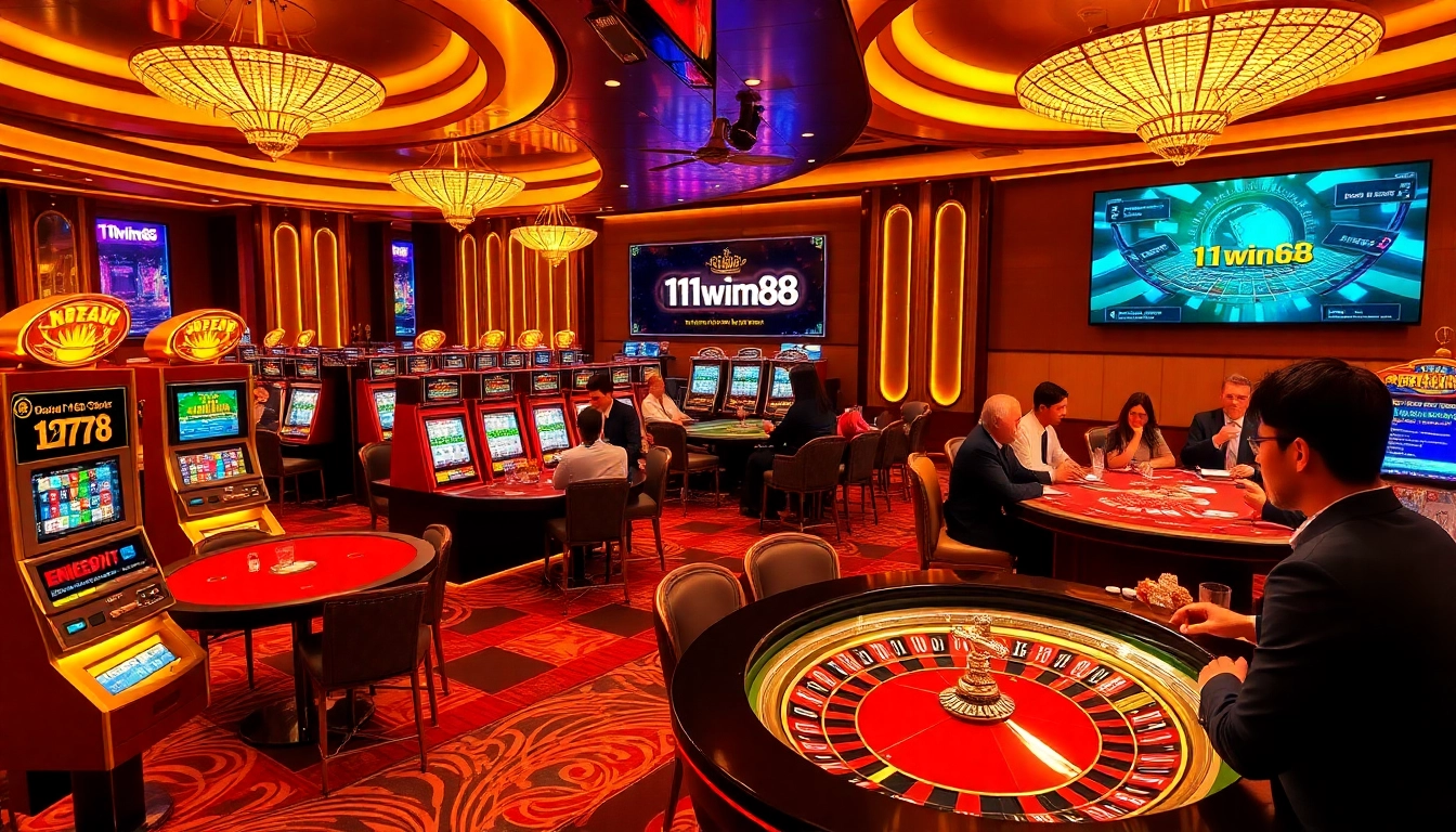 Players enjoy thrilling games at 11win68 casino, with vibrant poker tables and live dealer action.