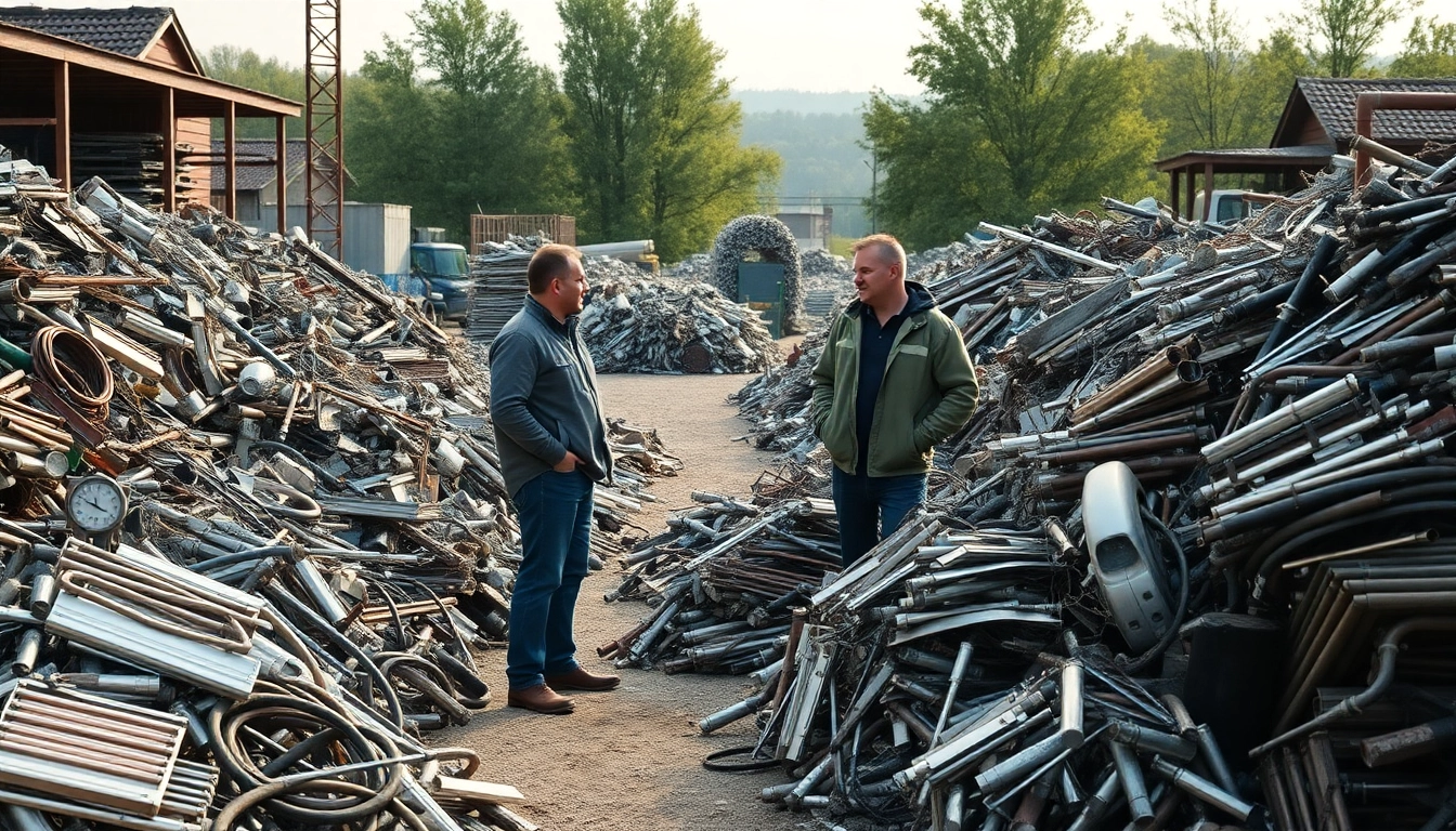 Fesselnde Szene eines Schrotthändlers in Wuppertal auf einem Schrottplatz, der Metallrecycling zeigt.
