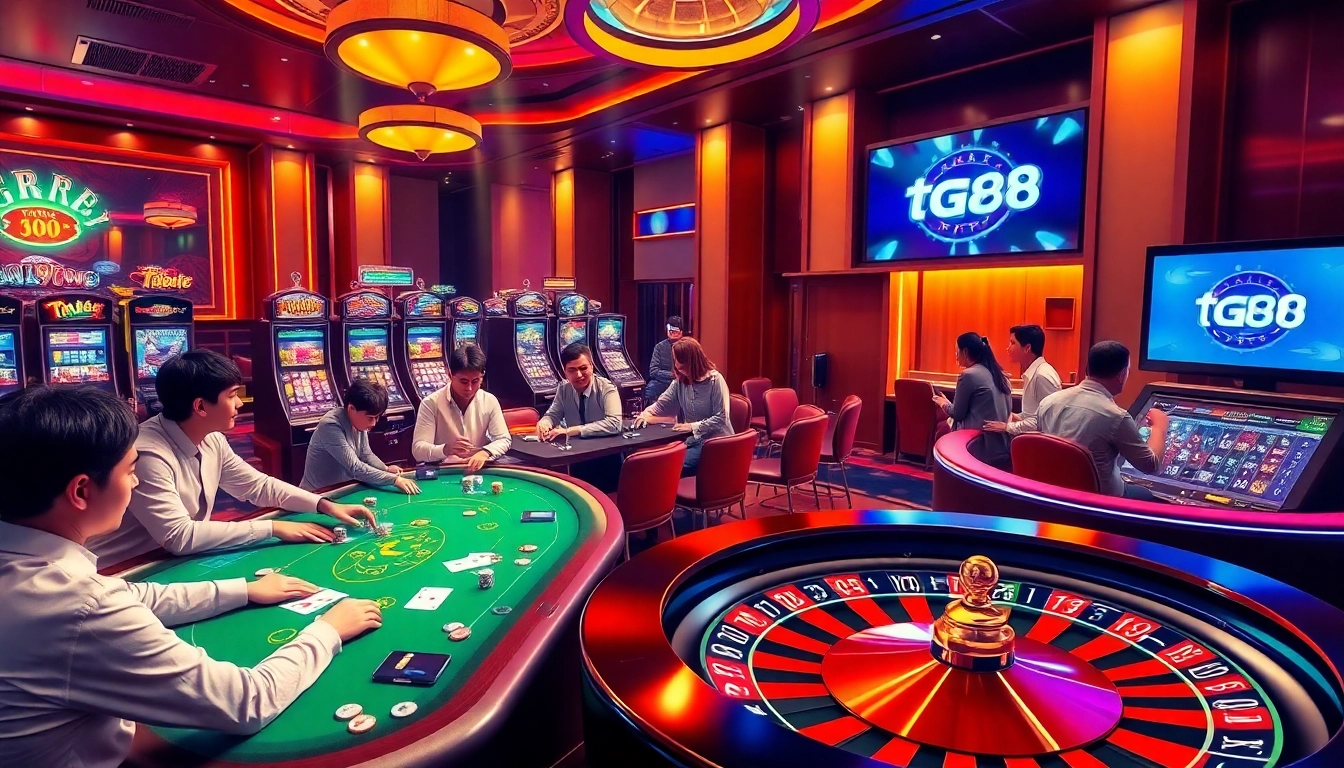 Players enjoying the tg88 game on a vibrant casino floor with poker tables and slot machines.