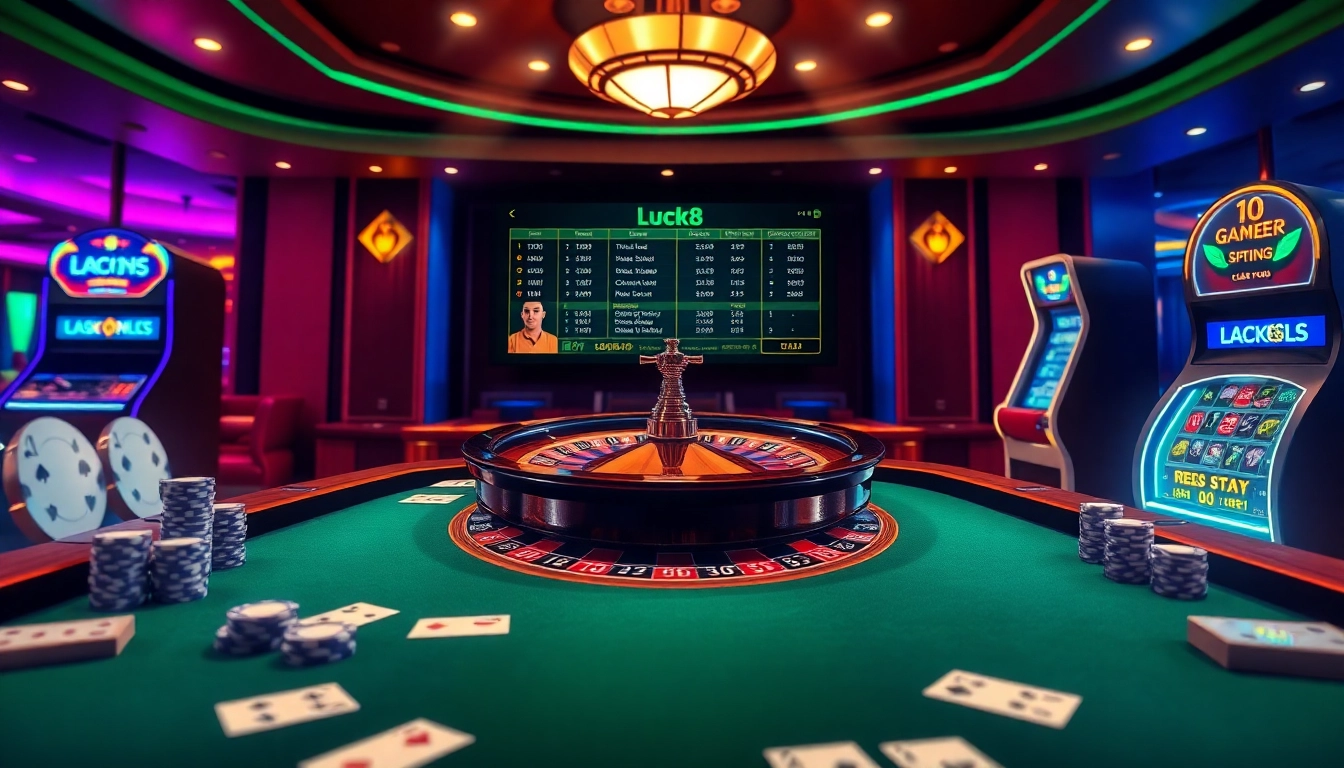 Engage in thrilling gameplay at Luck8 with poker chips and a roulette wheel in this vibrant casino scene.
